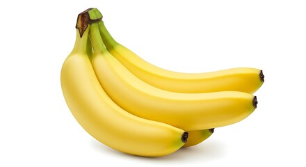 A classic studio photograph of a bundle of sweet, ripe bananas on a white surface.