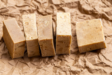 Handmade soap made from recycled vegetable oil, saponification process