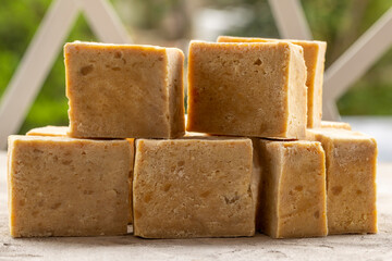 Handmade soap made from recycled vegetable oil, saponification process