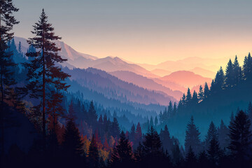 Obraz premium Majestic mountain landscape at sunset with a dense evergreen forest showcasing a serene and peaceful atmosphere