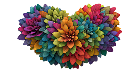 A colorful floral heart shape isolated on transparent background for valentines day