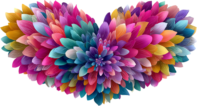 Colorful floral heart shape isolated on transparent background for valentines day