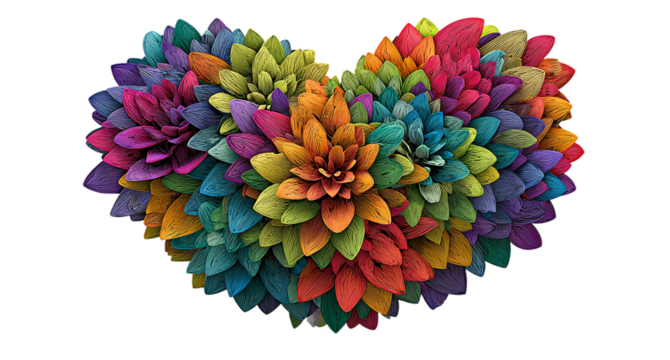 A colorful floral heart shape isolated on transparent background for valentines day