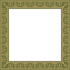 Vector square gold with green border, frame, Pompeii. Rectangle Neopolitan ornament. Art of Ancient Rome. Template for stained glass
