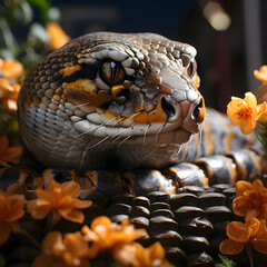 Close-up of snake with detailed scales resting among autumn leaves