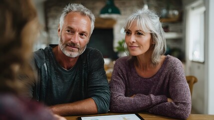 Mature couple discusses finances on a tablet at a home table during a planning session