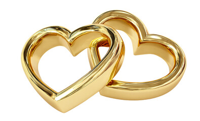 Two golden heart rings linked together isolated on transparent background