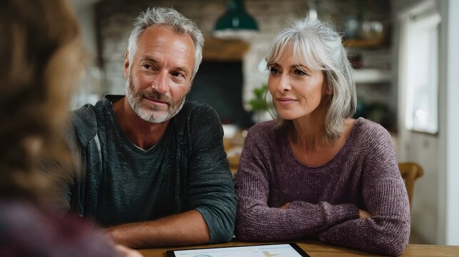 Mature couple discusses finances on a tablet at a home table during a planning session