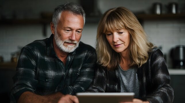 Mature couple focused on a tablet computer together sharing a moment of engagement in a home environment