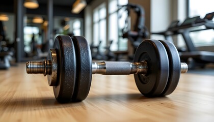 Naklejka premium Dumbbell and Gym Equipment: A close-up shot of a dumbbell lies on the wooden floor in a well-equipped gym, hinting at exercise, strength training, and personal fitness.