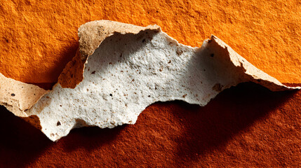 Close-up of a broken eggshell fragment on an orange surface.