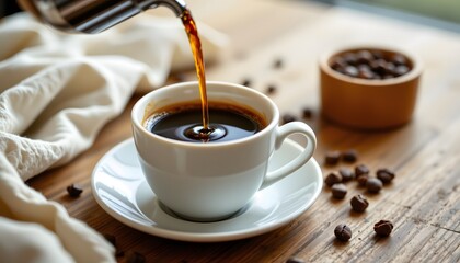 Aromatic Coffee Pour: A rich stream of freshly brewed coffee is cascading into a pristine white cup, creating a visual symphony of coffee bean.