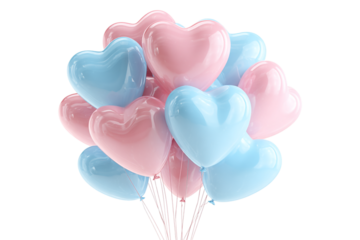 Bunch of pink and blue heart shaped balloons isolated on transparent background