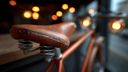 Close-up of a brown leather bicycle saddle on a copper-colored bicycle frame.