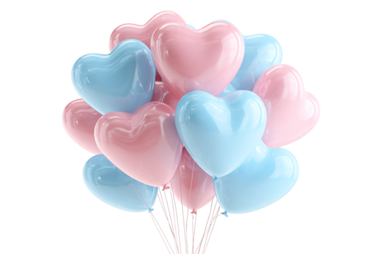 Bunch of pink and blue heart shaped balloons isolated on transparent background