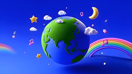 A fantastical depicting a colorful, stylized globe surrounded by a night sky filled with stars, a crescent moon, and a vibrant rainbow arch