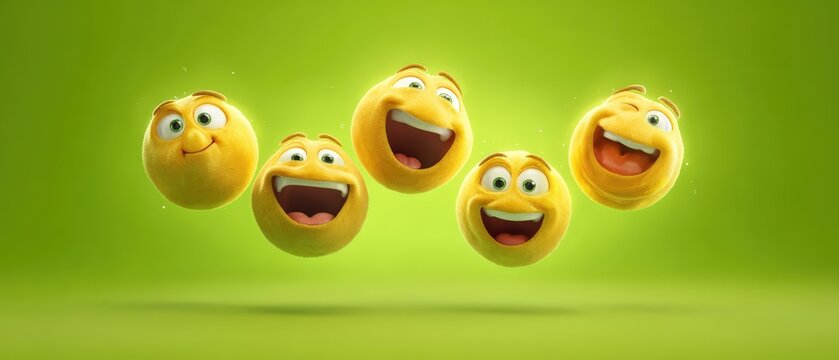Group of five cheerful bright yellow emoticon emojis with laughing faces on vibrant green background, expressive happy mood, digital art
