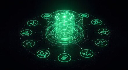 Glowing green energy core with circular array of symbolic icons.
