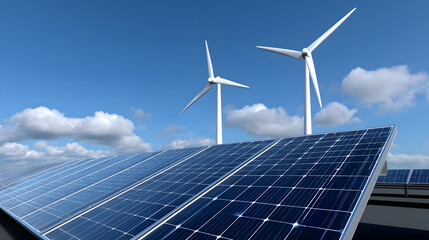 A rural landscape featuring wind turbines and solar panels, harnessing renewable energy sources to generate clean electricity.