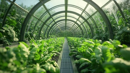 Lush green plants growing in a modern greenhouse tunnel.