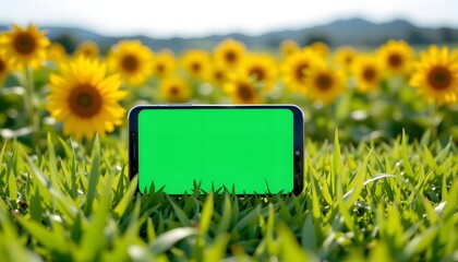 Green Screen Technology in Sunflower Field: A smartphone with a vibrant green screen rests amidst a field of sunflowers, creating a picturesque blend of technology and natural beauty.