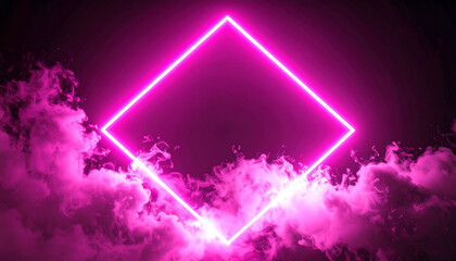 Neon pink rhombus frame hovering mid-air, glowing with intense light. Dense smoke clouds.