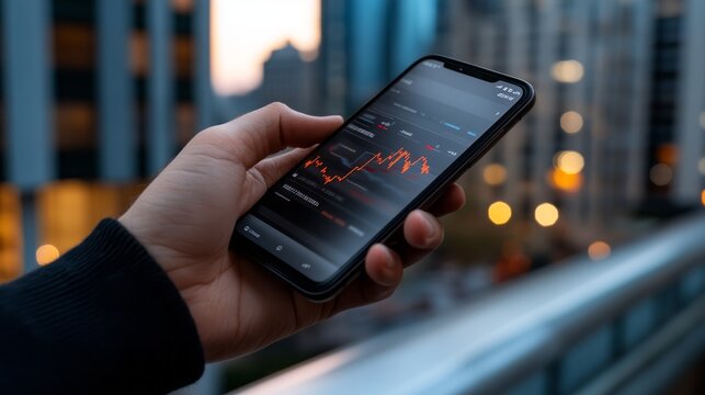 Person Holding Smartphone with Financial Chart Displayed in Urban Environment at Dusk