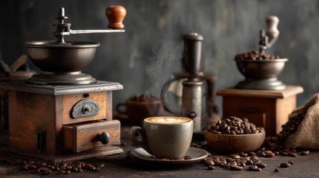 steaming latte antique coffee grinders - Powered by Adobe