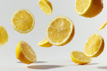 Fototapeta premium Juicy lemon slices falling on white background refreshing summer citrus fruit