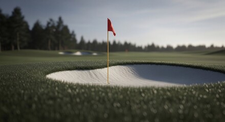 Golf Course Bunker with Red Flag, Green Grass, and Soft Lighting
