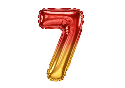 A vibrant, ombre-style, foil balloon number seven, displays a gradient from scarlet red to rich gold against a stark black backdrop.