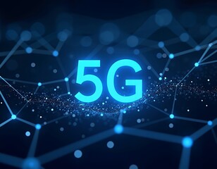 Obraz premium Glowing neon blue network connections and particles forming the letters G and five technology