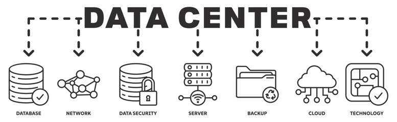 Data Center banner webillustration concept with icon of database, network, data security, server, backup, cloud, technology