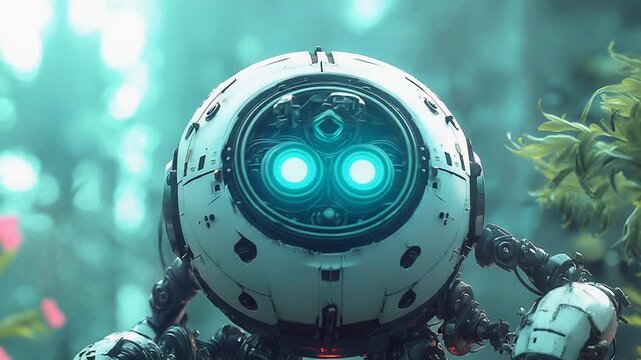 Futuristic robot exploring lush alien jungle environment