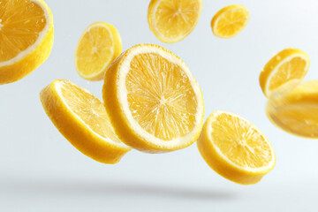 Fototapeta premium Juicy lemon slices falling through the air a refreshing image