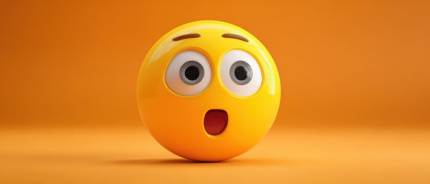 Cartoon yellow emoticon ball with shocked facial expression and wide eyes on vibrant orange background, representation of surprise or amazement
