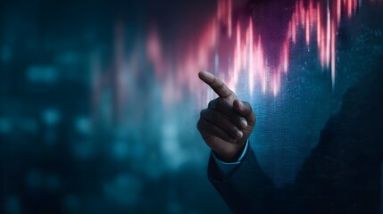 A person s hand points to a dynamic digital graph illustrating financial market trends and data analysis on a modern interface