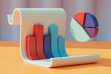 Abstract 3d render of a stylized financial report with colorful bars and a floating pie chart symbolizing data analysis and business growth on a warm orange background