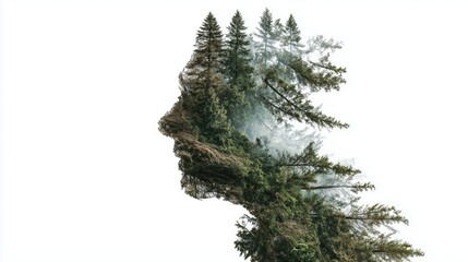 Fototapeta premium Forest face profile portrait silhouette isolated on a white