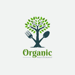 Obraz premium logo design combination of spoon fork and tree, logo for healthy food, herbal, nutrition, health, symbol, icon, idea, creative. eco food, organic restaurant logo