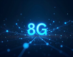 Glowing neon eight g symbol with interconnected blue dots and lines technology network