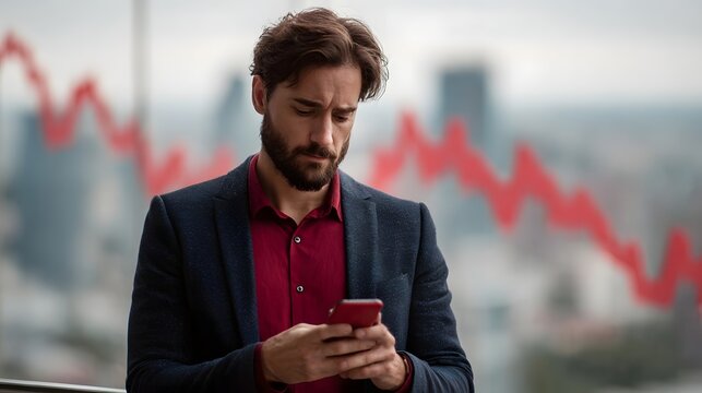 A businessman anxiously checks his smartphone against a blurred city backdrop with a prominent red graph indicating a financial downturn