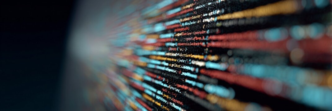 Colorful programming code flowing on a dark background creating a big data stream, representing the concept of artificial intelligence, software development, and data analysis