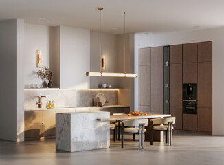 Obraz premium Modern elegant kitchen interior with wood kitchen cabinets, white walls, marble backsplash and concrete floor. Minimalistic design. 3d image, 3d render 