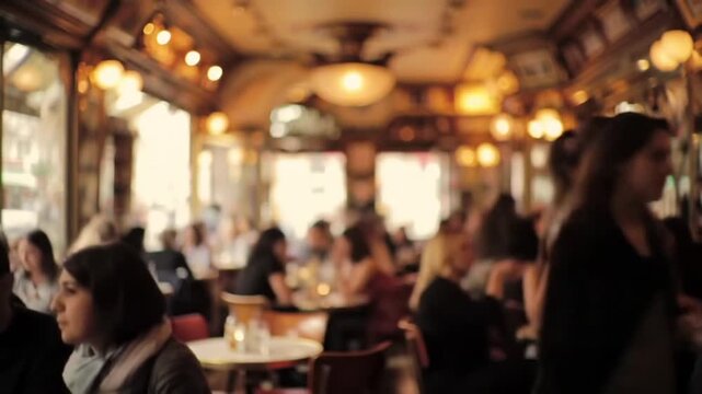 Blurred interior shot of a busy restaurant with people dining and socializing, warm lighting.