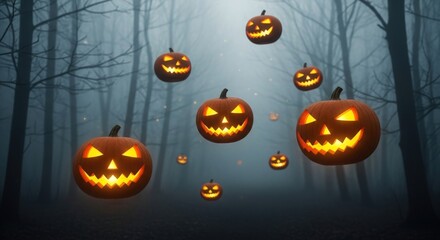 Glowing Jack O'Lanterns float through a spooky, misty forest perfect for Halloween celebrations