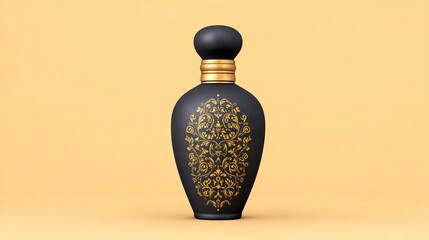 Elegant black perfume bottle with intricate golden floral design against a soft yellow background, showcasing luxury and sophistication in fragrance packaging