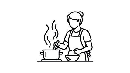 Line art illustration of a person in an apron cooking a meal on a stovetop