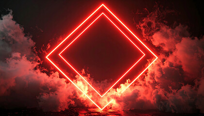 Neon red rhombus frame hovering mid-air, glowing with intense light. Dense smoke clouds.