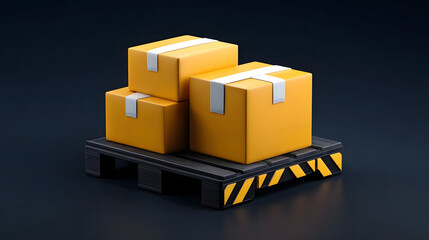 Obraz premium Several stacked cardboard delivery packages placed on a black and yellow forklift pallet, suggesting a logistics and warehouse storage scene.
